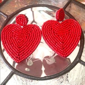Elegant Red Beaded Heart Earrings
